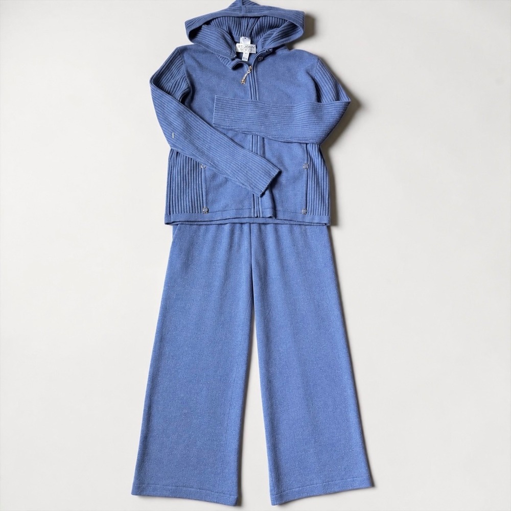 St John Cashmere 3 Piece Hoodie Jacket Tank Pants Suit Set Blue L XL Vintage